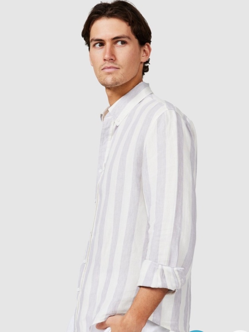 Vacay Men’s Linen Grey Striped Button Down Shirt - Picture 3 of 12